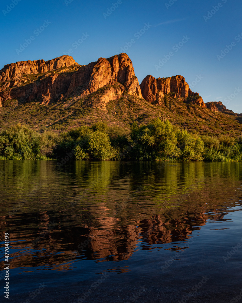 Desert Mountain at Sunset with River