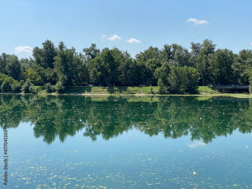 Obraz premium Rowing trail on Lake Jarun and Croatian Youth Island during the summer, Zagreb - Croatia (Veslačka staza na jezeru Jarun i Otok hrvatske mladeži tijekom ljeta (RŠC Jarun), Zagreb - Hrvatska)