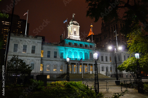 Photography New York City Hall Illuminated with Teal Lights at Night NYC