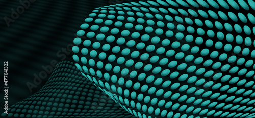 Abstract technology background in blue color. Artificial Intelligence. Wavy structure of spheres made of round particles.