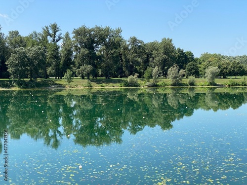 Rowing trail on Lake Jarun and Croatian Youth Island during the summer, Zagreb - Croatia (Veslačka staza na jezeru Jarun i Otok hrvatske mladeži tijekom ljeta (RŠC Jarun), Zagreb - Hrvatska) photo