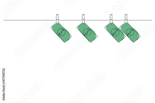 Continuous line drawing, Dollar bill hanging on rope attached with clothes pins. Money-laundering concept illustration of finance and business. Vector illustration.