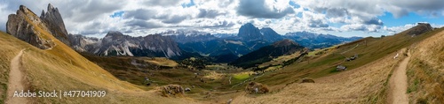 Hiking Dolomites in European Alps. Shot in summer with green grass and no snow. Gardena Pass, Italy
