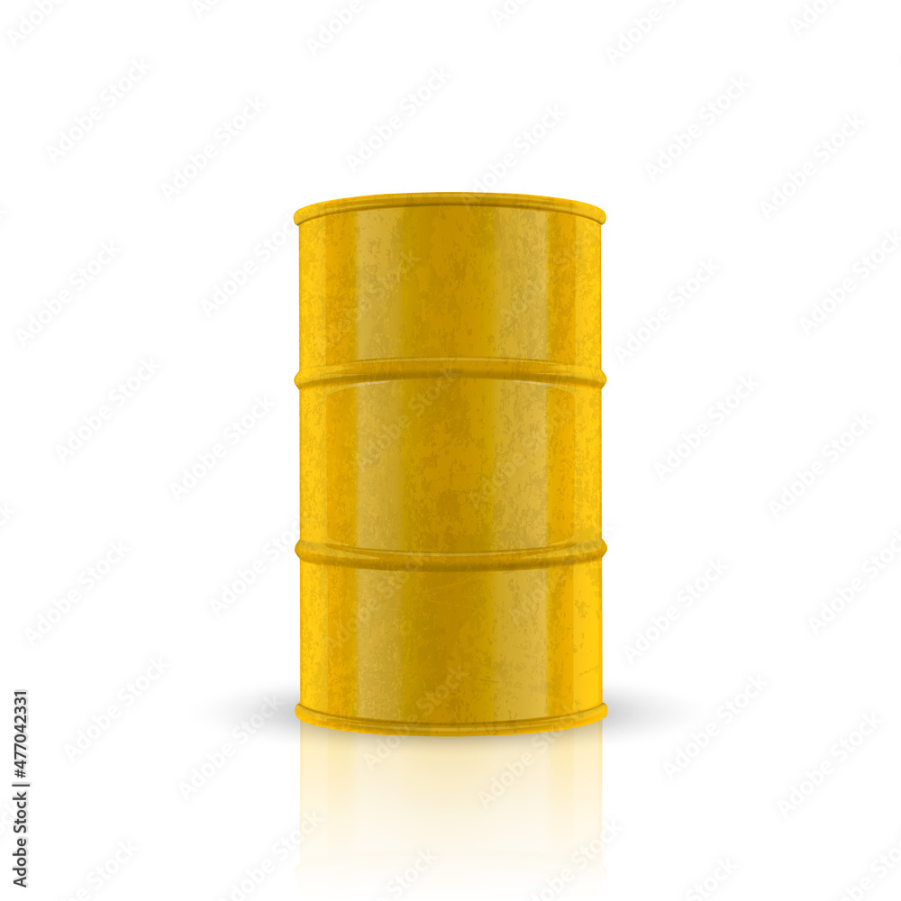 Vector 3d Barrel of Oil. Yellow Steel Simple Glossy Metal Enamel Barrel. Fuel, Gasoline, Oil Barrel Icon Isolated. Design Template for Mockup. Front View