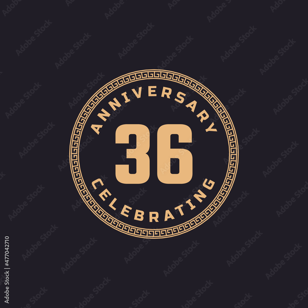 Vintage Retro 36 Year Anniversary Celebration with Circle Border Pattern Emblem. Happy Anniversary Greeting Celebrates Event Isolated on Black Background