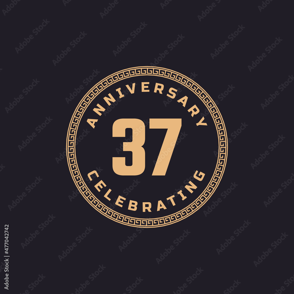 Vintage Retro 37 Year Anniversary Celebration with Circle Border Pattern Emblem. Happy Anniversary Greeting Celebrates Event Isolated on Black Background