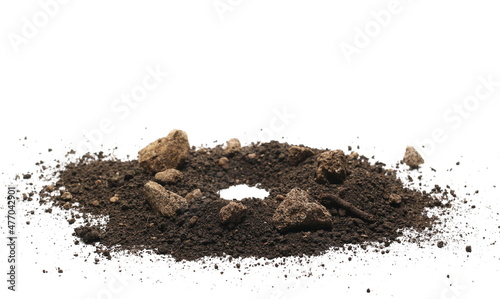 Pile dirt hole and rocks isolated on white background, with clipping path photo