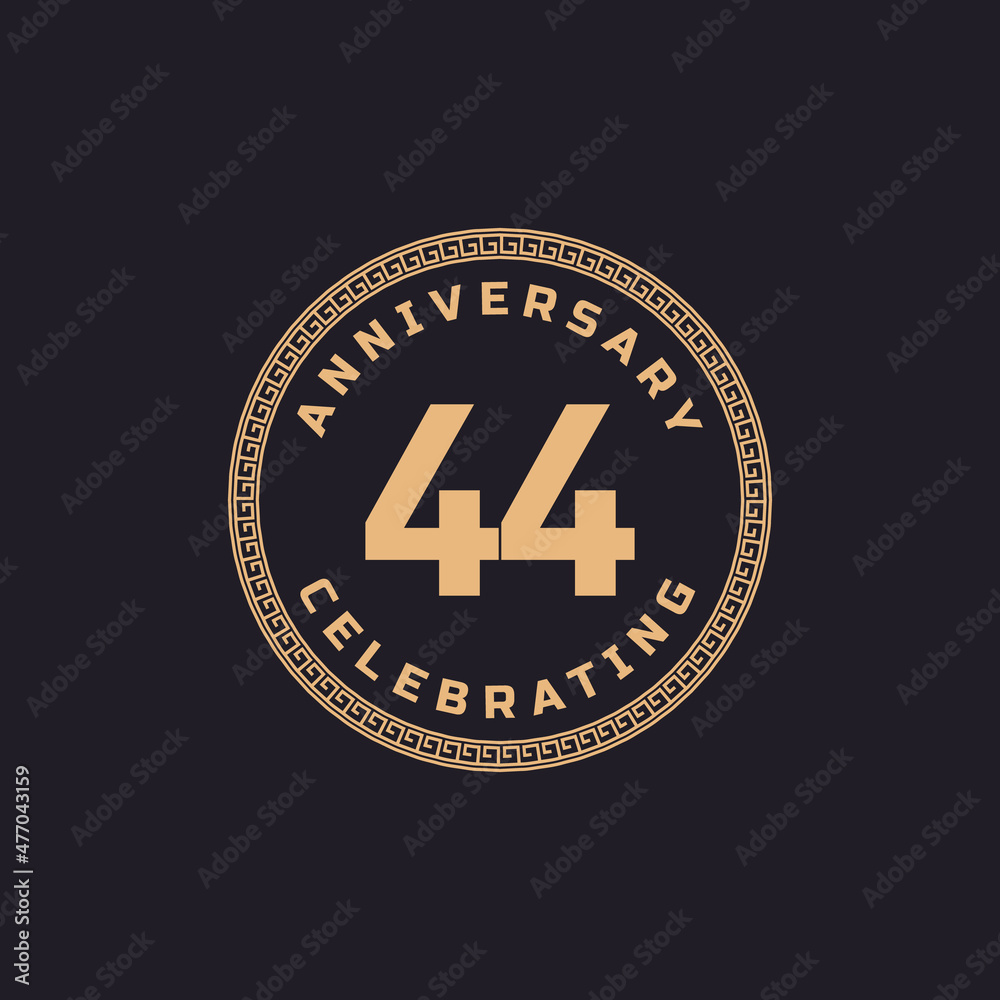 Vintage Retro 44 Year Anniversary Celebration with Circle Border Pattern Emblem. Happy Anniversary Greeting Celebrates Event Isolated on Black Background