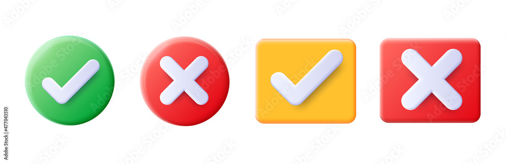 Realistic right and wrong 3D Button. A set of glossy round icons with a  check mark,