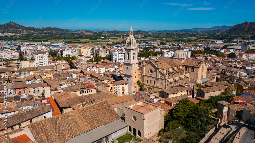 Jativa ,Valencia, Spain, Europe. Aerial photo from drone to Spanish town of Xativa on background of Roman Catholic Basilica. (Series)