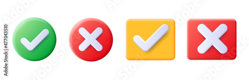 Realistic right and wrong 3D Button. A set of glossy round icons with a check mark, a sign of the cross. 3d minimalist style. Symbols of acceptance, rejection and attention. Vector illustration
