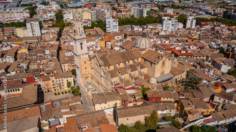Jativa ,Valencia, Spain, Europe. Aerial photo from drone to Spanish town of Xativa on background of Roman Catholic Basilica. (Series)