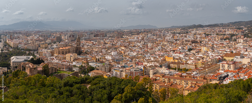 Aerial view of part of the city of Malaga in southern Spain with some mountains in the background