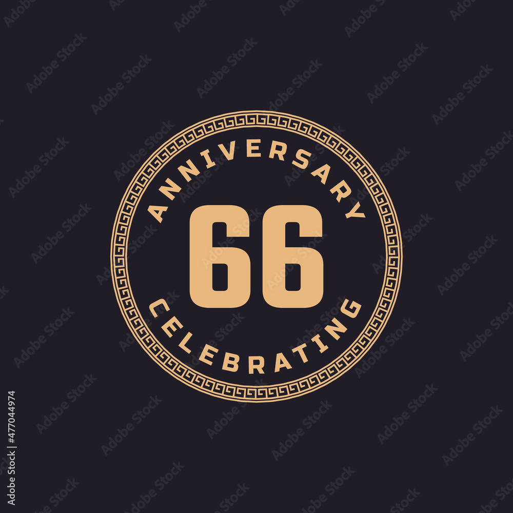 Vintage Retro 66 Year Anniversary Celebration with Circle Border Pattern Emblem. Happy Anniversary Greeting Celebrates Event Isolated on Black Background