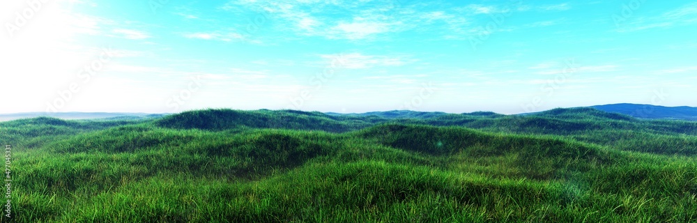 Green grass hills, panorama of hills at sunrise, 3d rendering