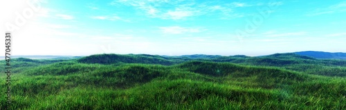 Green grass hills  panorama of hills at sunrise  3d rendering