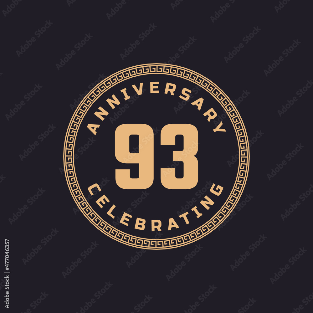 Vintage Retro 93 Year Anniversary Celebration with Circle Border Pattern Emblem. Happy Anniversary Greeting Celebrates Event Isolated on Black Background