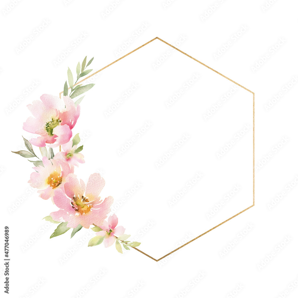Golden frame in the design with watercolor pink flowers. Spring composition for your design, postcard or a wedding invitation Golden frame in the design with watercolor pink flowers. Spring composition for your design, postcard or a wedding invitation