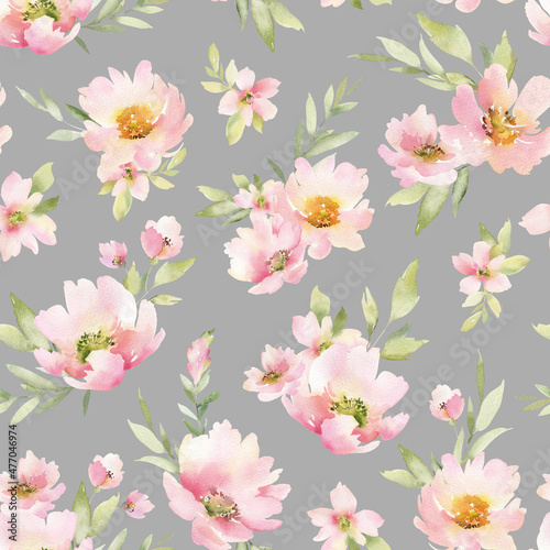 Seamless pattern with elements of watercolor flowers and leaves. Garden style texture for wrapping paper or textile © Aleksa