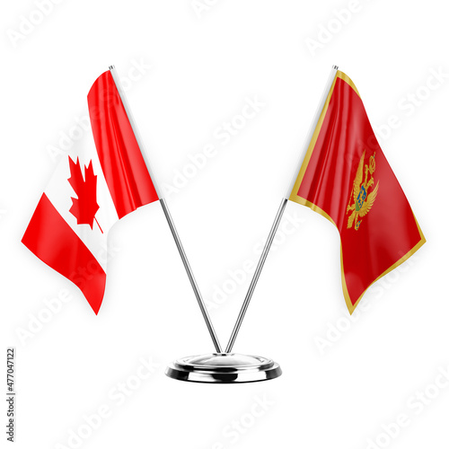 Two table flags isolated on white background 3d illustration, canada and montenegro