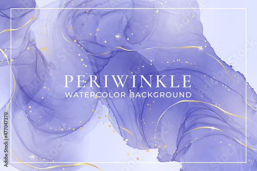 Violet lavender liquid watercolor marble background with golden lines. Pastel purple periwinkle alcohol ink drawing effect. Vector illustration design template for wedding invitation, menu, rsvp