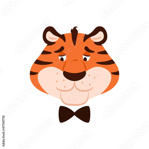Flat sad striped tiger head isolated on white background. Cute funny unhappy orange wild cat face. Cartoon upset animal. Sorrowful mascot character vector illustration.