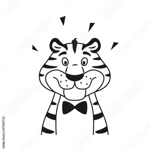 Cute cartoon tiger portrait isolated on white background. Black and white outline happy smiling character. Line sketch vector illustration for coloring page for children.