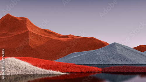 Surreal mountains landscape with dark orange peaks and purple sky. Minimal modern abstract background. Shaggy surface with a slight noise. 3d rendering