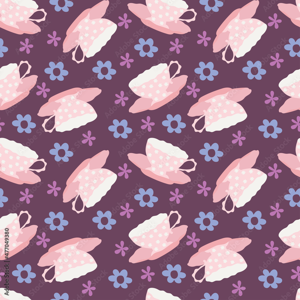 Tea cup seamless pattern. Brownish purple background with pink elegant tea cups. Tea cup seamless pattern. Brownish purple background with pink elegant tea cups.