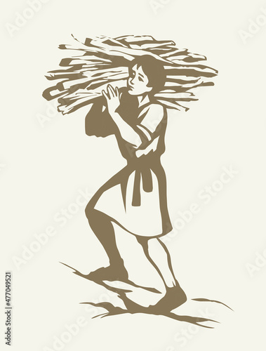 Man carries firewood. Vector drawing