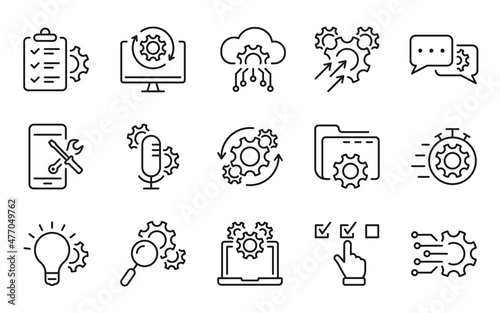 Technology Configuration Line Icon. Gear, Computer, Tool, Speech Bubble Digital Setting Concept Pictogram. Innovation Business Process Outline Icon. Editable Stroke. Isolated Vector Illustration