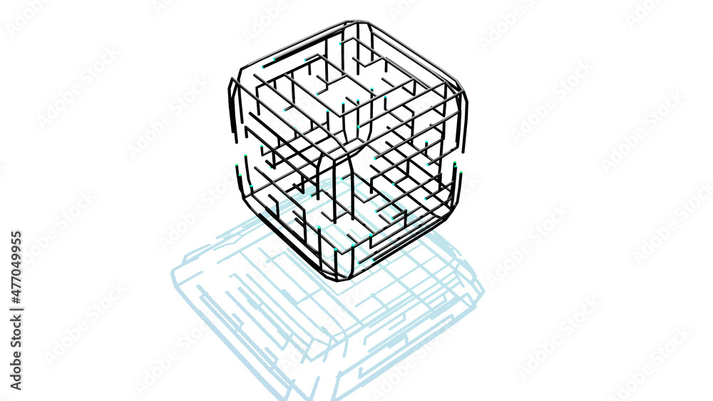 3d render. Abstract black wireframe on white bg. Ai growing geometric ...