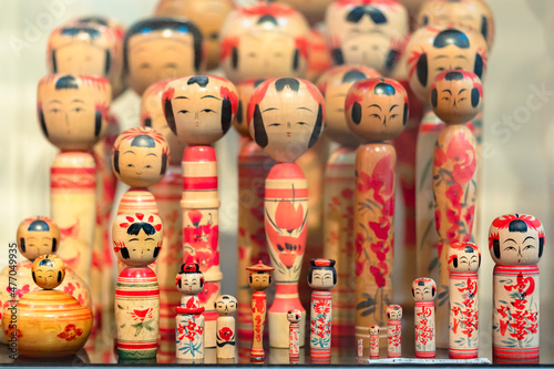 Various kind of traditional hand painted wooden kokeshi dolls with no arms or legs from all around Japan.