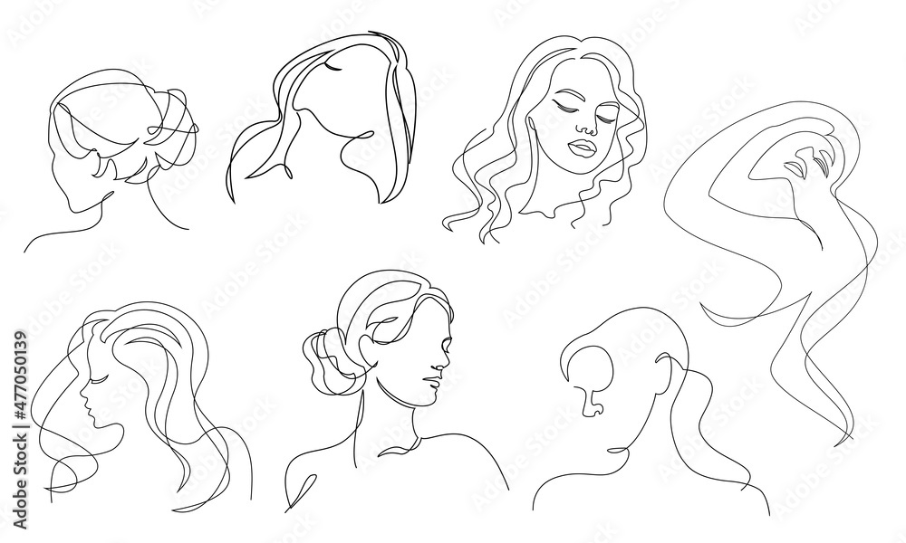 Collection. Silhouettes of a girl's head in a modern one line style. Continuous line drawing, aesthetic outline for home decor, posters, wall art, stickers, logo. Vector illustration set. Collection. Silhouettes of a girl's head in a modern one line style. Continuous line drawing, aesthetic outline for home decor, posters, wall art, stickers, logo. Vector illustration set.