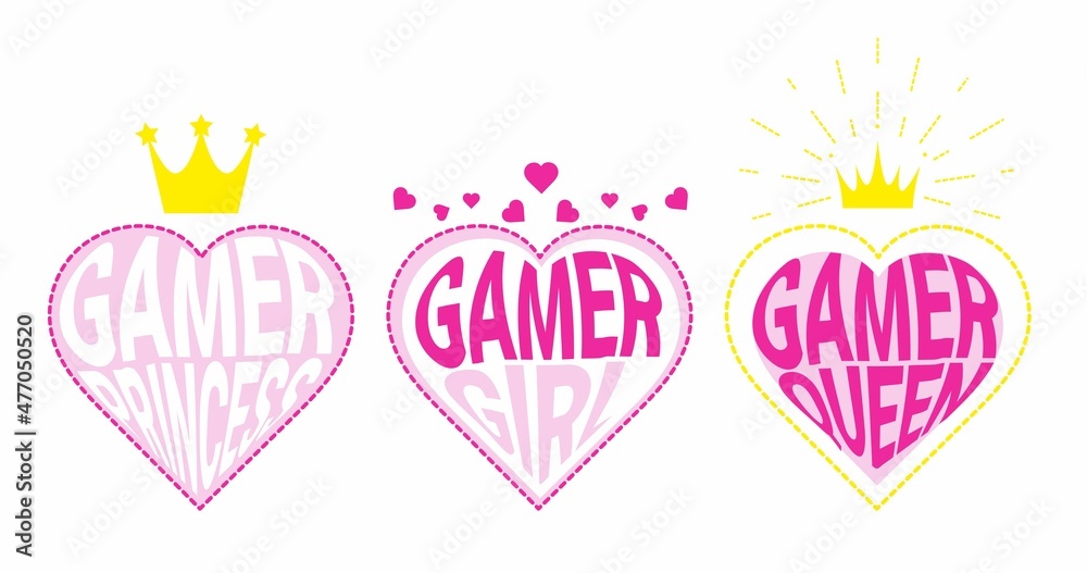 Gamer girl. Gamer Princess. Gamer queen. Colorful gamer girl quotes with hearts and crowns flat style vector illustration. Pink gaming design elements for sticker, print, card, poster etc. Gamer girl. Gamer Princess. Gamer queen. Colorful gamer girl quotes with hearts and crowns flat style vector illustration. Pink gaming design elements for sticker, print, card, poster etc.