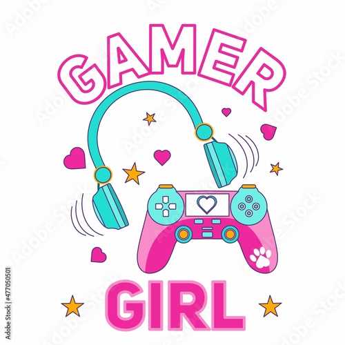 Gamer girl cute vector illustration with headphones, game controller, hearts and stars. Kawaii pink gamer girl vector illustration. Flat style gamer design for card, print, poster, textile etc.