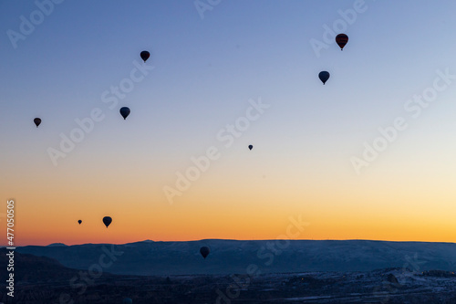 Volcanic rock landcsape of Fairy tale chimneys in Cappadocia with blue sky on background in Goreme, Nevsehir, Turkey