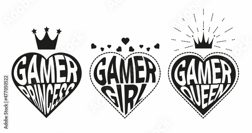 Gamer girl. Gamer Princess. Gamer queen. Black gamer girl quotes with hearts and crowns flat style vector illustration. Gamer quotes set isolated on white for sticker, print, card, poster etc.