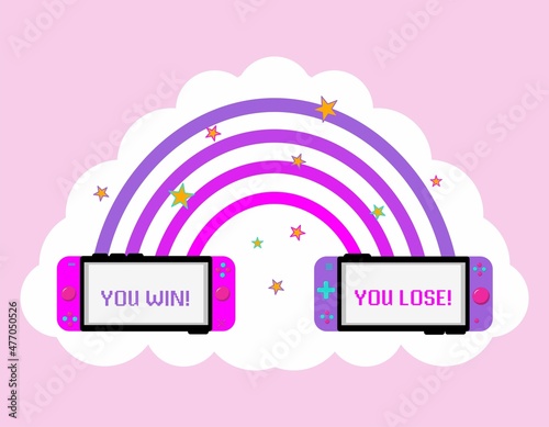 Gamer vector illustration with rainbow connecting two handheld game consoles, pixel quote You win and You lose. Gamer flat style vector illustration concept for sticker, poster, print etc.Gamer girl.