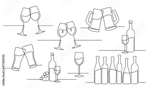 Set of wine glasses and bottles - continuous line drawing. Alcohol set. Vector illustration
