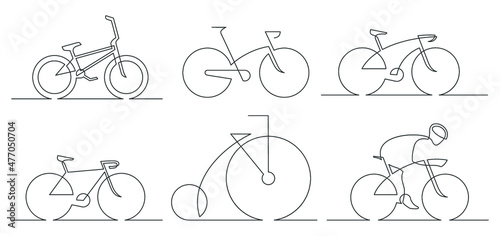 Set of bicycles - continuous line drawing. Vector illustration.