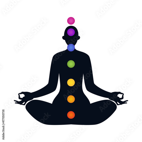 Female body in lotus position isolated. Seven chakras inside the silhouette of a person. Colored vector illustration of a female silhouette on a white background.