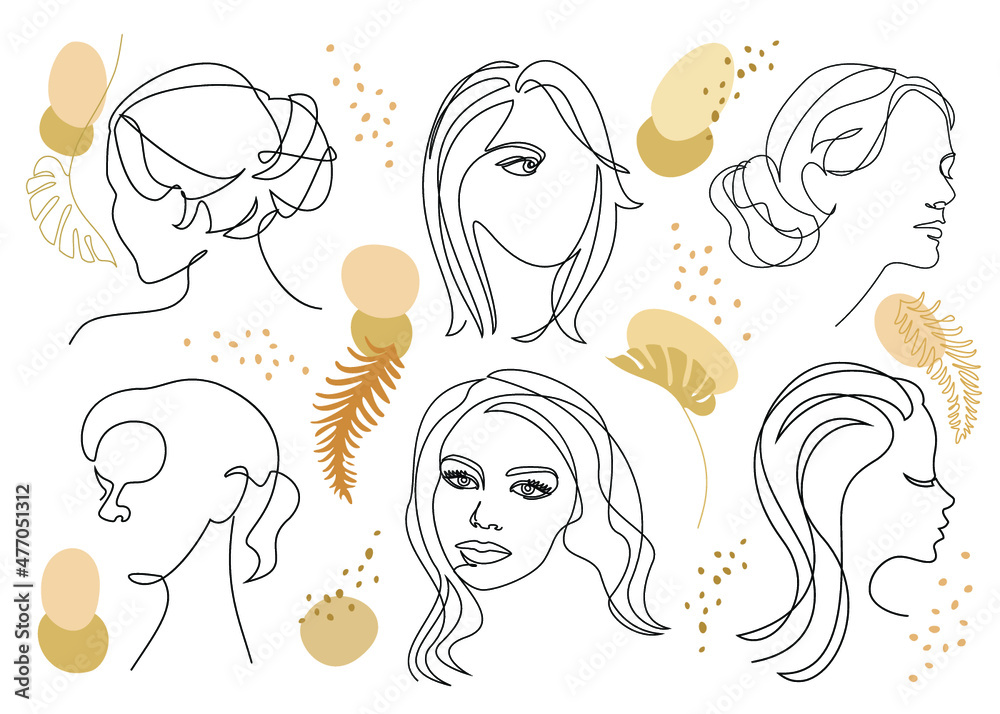 Collection. Silhouettes of a girl's head, a woman's face and a leaf of a plant in a modern style. The woman laughs. Solid line, outline for decor, posters, stickers, logo. Vector illustration set. Collection. Silhouettes of a girl's head, a woman's face and a leaf of a plant in a modern style. The woman laughs. Solid line, outline for decor, posters, stickers, logo. Vector illustration set.