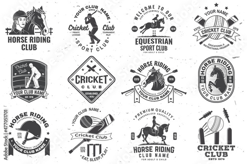 Fotografiet Set of cricket and Horse riding club, patches, emblem, logo