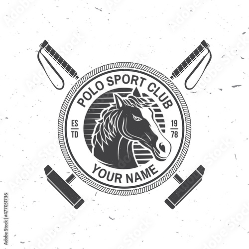 Polo club sport badge, patch, emblem, logo. Vector illustration. Vintage monochrome equestrian label with polo mallet and horse silhouettes. Polo club competition riding sport. Concept for shirt or