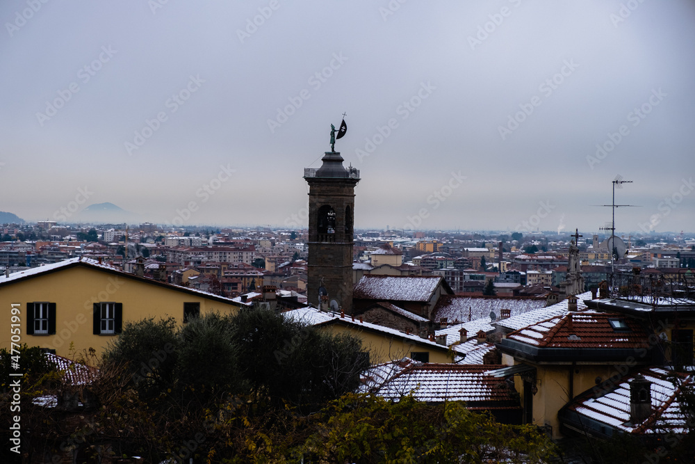 city of Bergamo in Italy covered in snow during winter