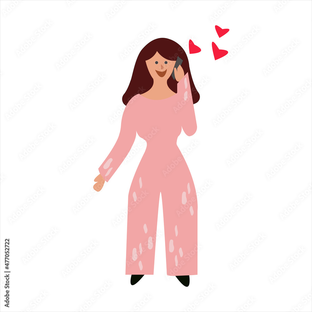 A young woman is talking on the phone. Vector illustration of a telephone conversation and communication. Flat design on a white background A young woman is talking on the phone. Vector illustration of a telephone conversation and communication. Flat design on a white background