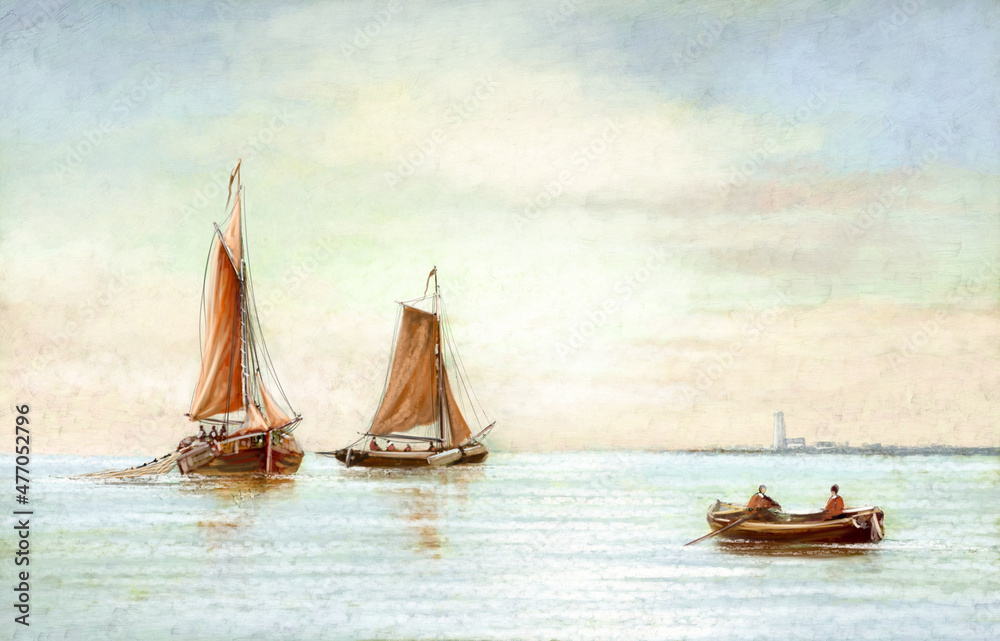 Fototapeta premium Fishing boats. Oil painting sea landscape. Fine art, sailing boat in the harbor. Sea landscape paintings, fisherman