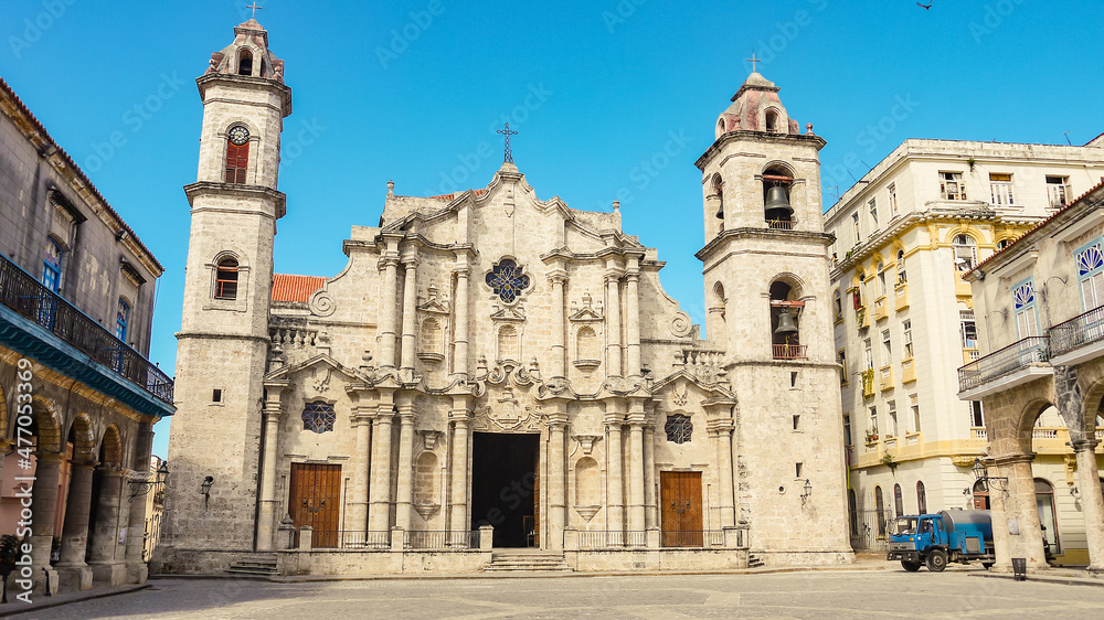 Cathedral of Havana in Cuba. The Church of St. Christopher. The historical center of old Cuba.