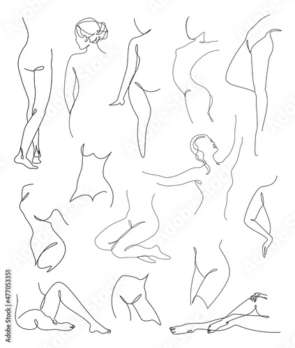 Collection. Silhouettes of the figure of a girl and a leaf of a plant in a modern one-line style. Solid line, aesthetic outline for home decor, posters, stickers, logo. Vector illustration set.